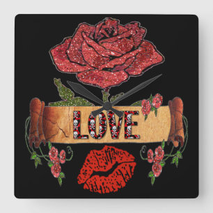 Reloj Cuadrado RAB Rockabilly Valentine Rosas, Love & Lipstick