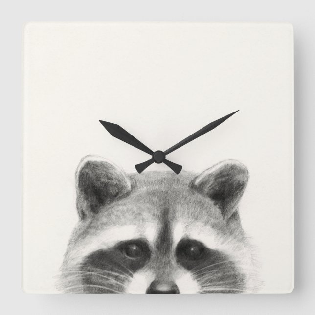 Reloj Cuadrado Raccoon Pencil Drawing (Anverso)
