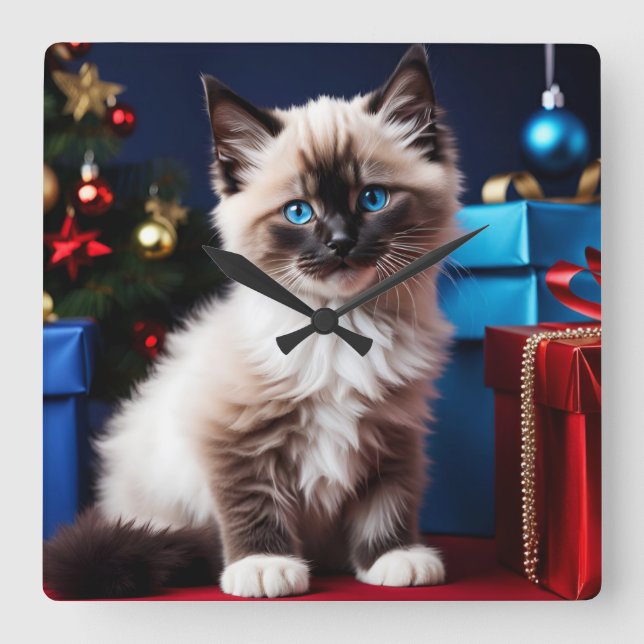 Reloj Cuadrado Ragdoll Kitten Christmas Present (Anverso)