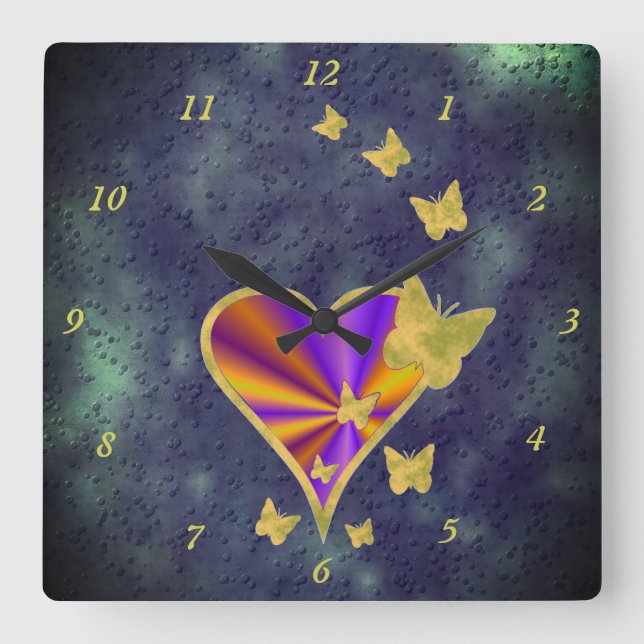 Reloj Cuadrado Rainbow Heart and Butterfly (Anverso)