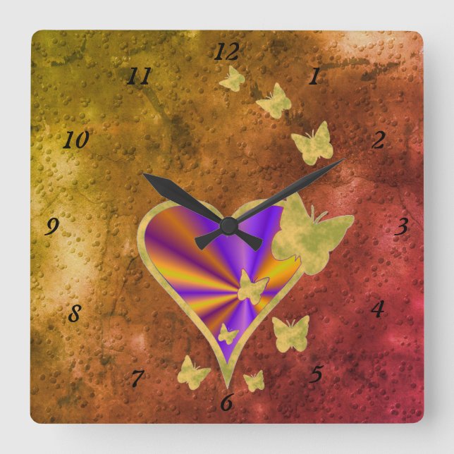 Reloj Cuadrado Rainbow Heart and Butterfly (Anverso)