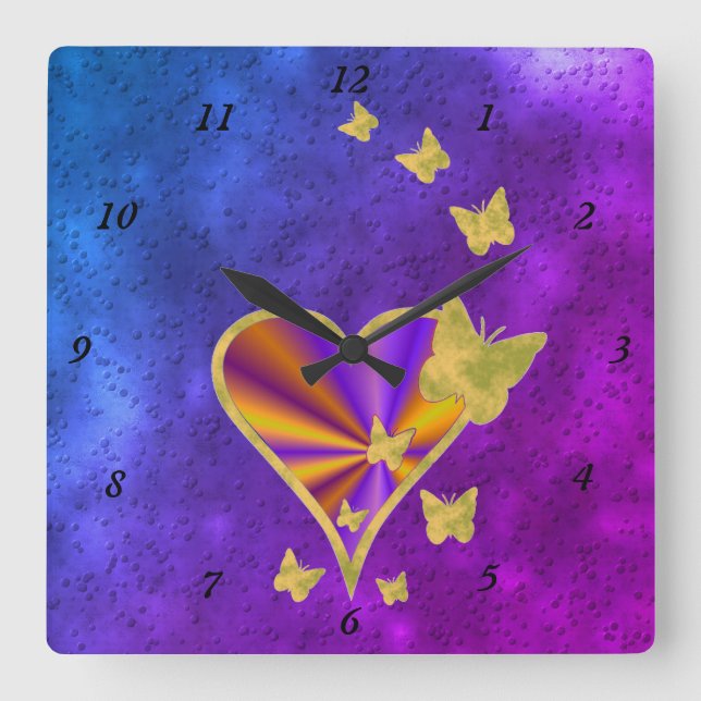 Reloj Cuadrado Rainbow Heart and Butterfly (Anverso)