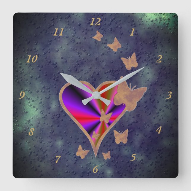 Reloj Cuadrado Rainbow Heart and Butterfly (Anverso)