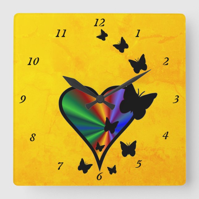 Reloj Cuadrado Rainbow Heart and Butterfly (Anverso)