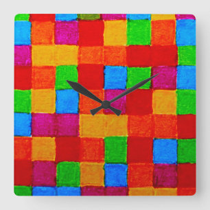 Reloj Cuadrado Rainbow Patchwork Quilt Colour Grid Abstract