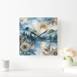 Reloj Cuadrado Rainy Day Watercolor Mountain Lake Rustic Boho