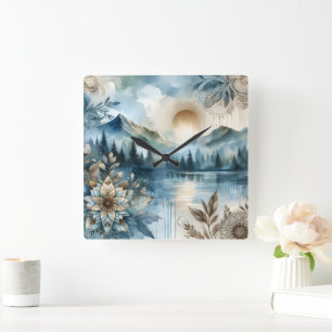 Reloj Cuadrado Rainy Day Watercolor Mountain Lake Rustic Boho