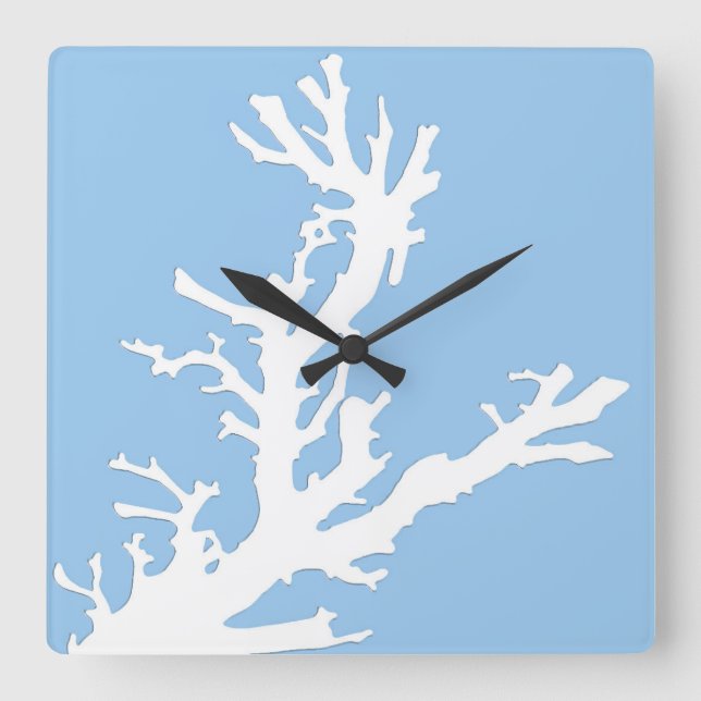 Reloj Cuadrado Rama de coral - blanco sobre azul pálido (Anverso)