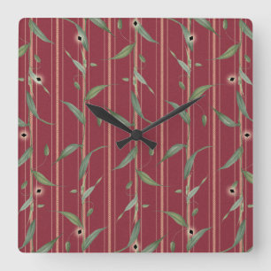 Reloj Cuadrado Rama de hojas en papel pintado rojo