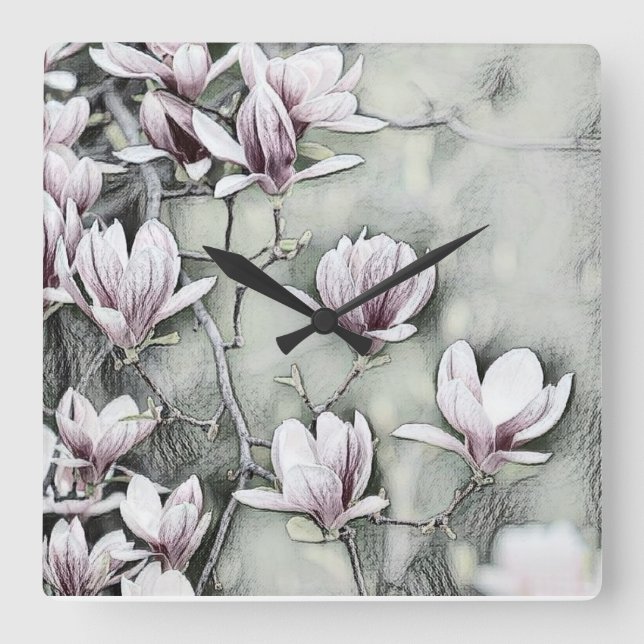 Reloj Cuadrado Rama de magnolia rosa dibujando fondo negro gris (Anverso)