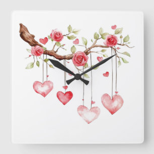 Reloj Cuadrado Rama de rosas rosadas en acuarela con corazones co