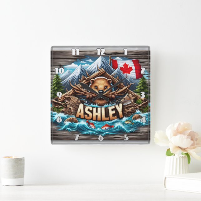 Reloj Cuadrado Ramas de castores canadienses de Riverbank (Hogar)