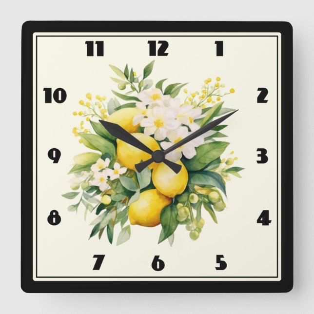 Reloj Cuadrado Ramo de limón con flores blancas (Anverso)