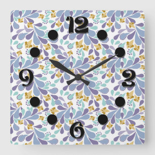 Reloj Cuadrado Ramos coloridos de flores retro sobre blanco