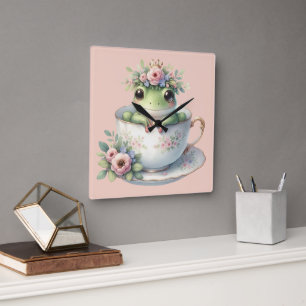 Reloj Cuadrado Rana caprichosa en taza de té floral