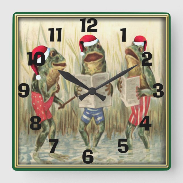 Reloj Cuadrado Ranas cantando Feliz Navidad (Anverso)