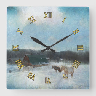 Reloj Cuadrado Rancho de caballo, graneros y pintura de nieve