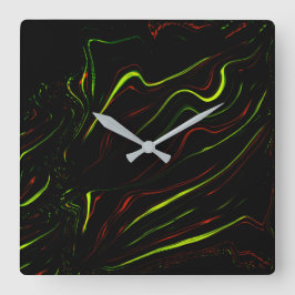 Reloj Cuadrado Rasgos ondulados verdes y rojos en fondos negros