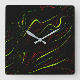 Reloj Cuadrado Rasgos ondulados verdes y rojos en fondos negros