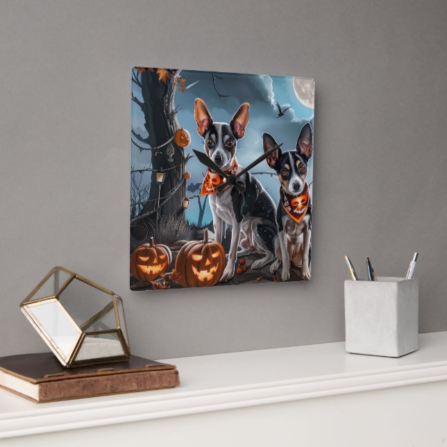 Reloj Cuadrado Rat Terrier Halloween Spooky (Oficina)