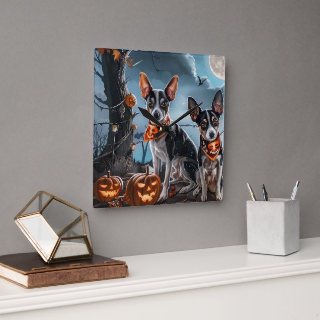 Reloj Cuadrado Rat Terrier Halloween Spooky (Oficina)