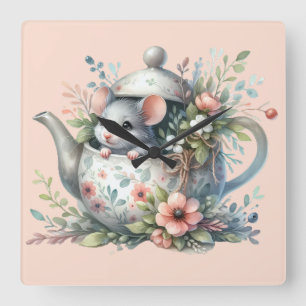 Reloj Cuadrado Ratoncito Lindo en Ilustración de Tetera Floral