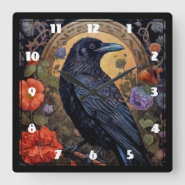 Reloj Cuadrado Raven negro con flores de diseño gótico