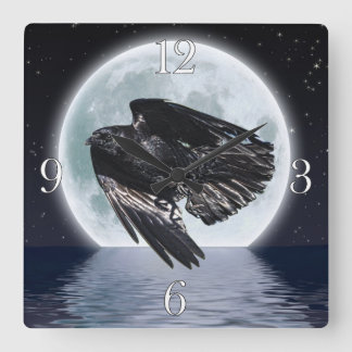 Reloj Cuadrado Raven negro volador y luna llena