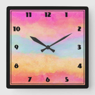 Reloj Cuadrado Rayas abstractas de arcoiris amarillo rosa azul