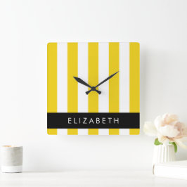 Reloj Cuadrado Rayas amarillas, patrón rayado, líneas, nombre