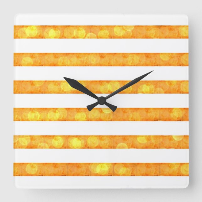 Reloj Cuadrado Rayas Bokeh Naranja Y Blanco (Anverso)