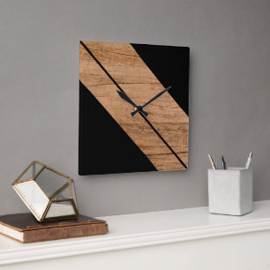 Reloj Cuadrado Rayas De Bloque Contemporáneas Sobre Madera Falsa