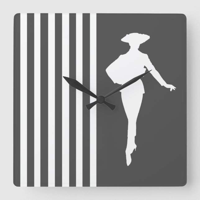 Reloj Cuadrado Rayas modernas del carbón de leña con la silueta (Anverso)