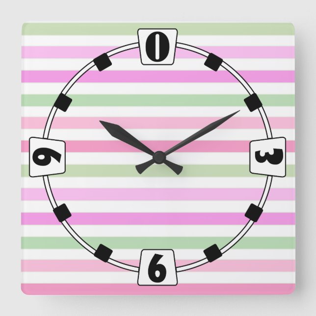 Reloj Cuadrado Rayas, rosa, verde (Anverso)
