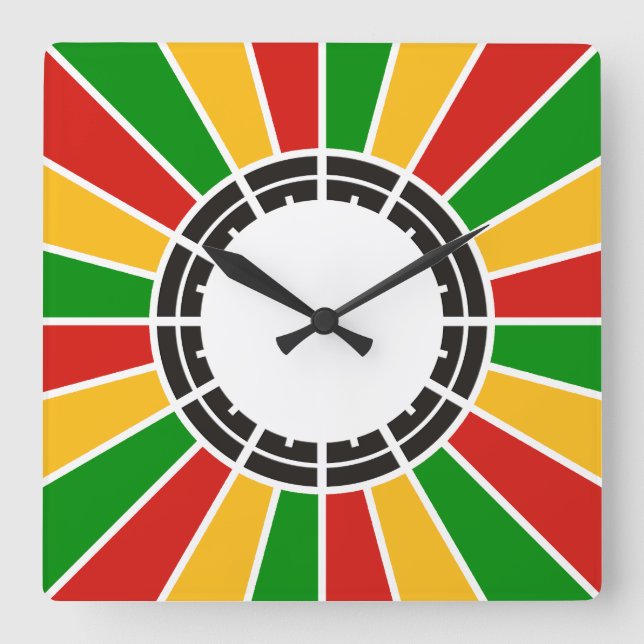 Reloj Cuadrado RAYOS DEL BOTÓN DE LA BANDERA RASTAFARI + su signo (Anverso)