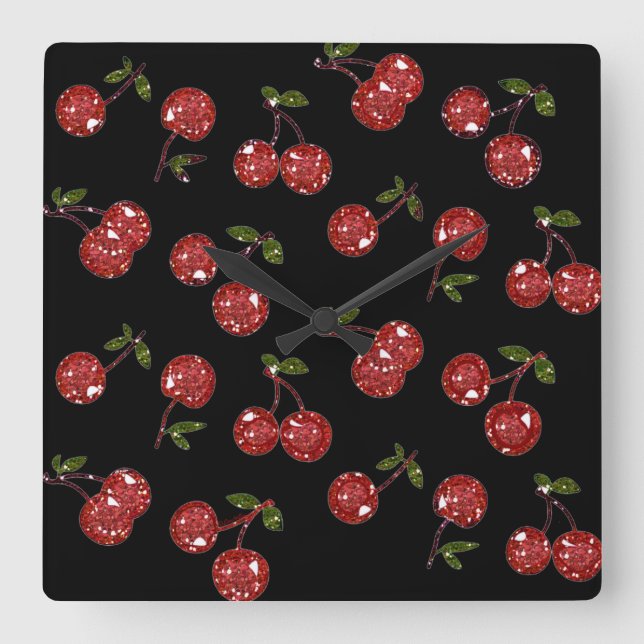 Reloj Cuadrado RB Rockabilly Muy cereza cerezas en negro (Anverso)