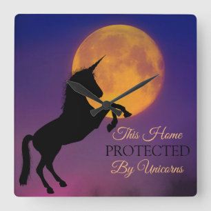 Reloj Cuadrado Rearing Unicorn Silhouette, Full Harvest Moon