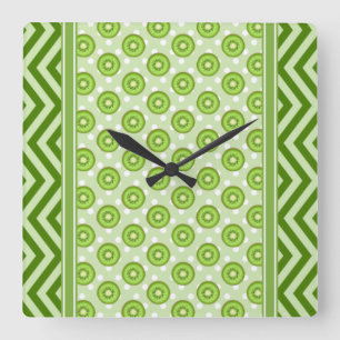 Reloj Cuadrado Rebanadas de Kiwi Adorables Lunares y Chevron Verd