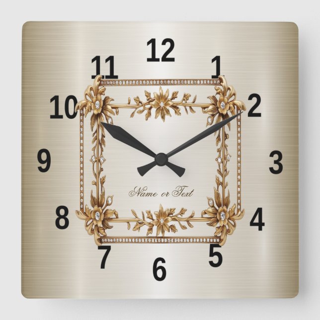 Reloj Cuadrado Rectángulo Dorado Ornamentado Flores de Diamante B (Anverso)
