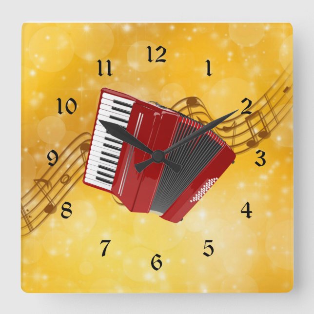 Reloj Cuadrado Red Accordion and Musical Notes (Anverso)