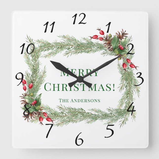 Reloj Cuadrado Red Berries Pine Needles Feliz Navidad (Anverso)
