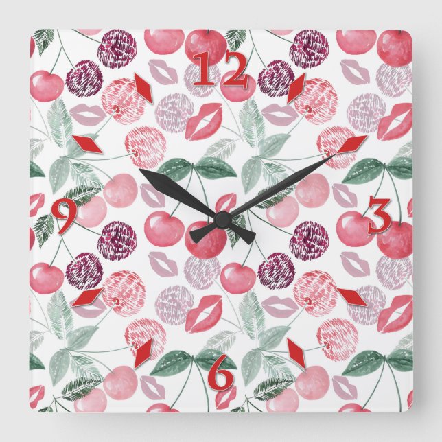 Reloj Cuadrado Red cherry berry fruit stylish large clock (Anverso)