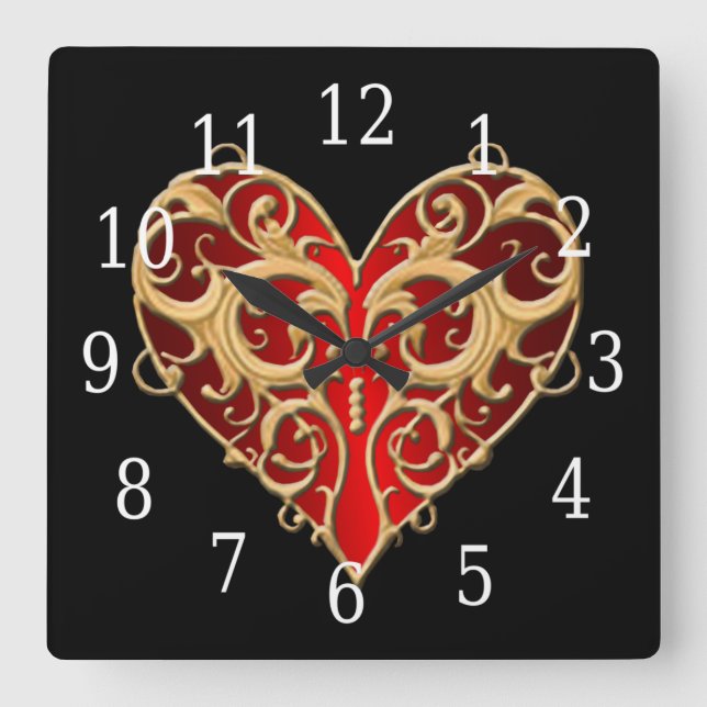 Reloj Cuadrado Red Filigree Heart Clock (Anverso)