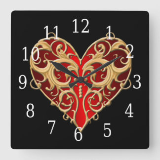 Reloj Cuadrado Red Filigree Heart Clock