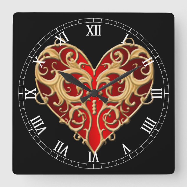 Reloj Cuadrado Red Filigree Heart Roman Numeral Clock (Anverso)