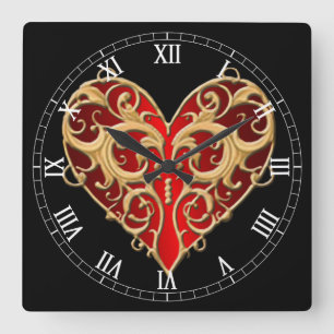 Reloj Cuadrado Red Filigree Heart Roman Numeral Clock