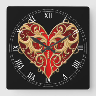 Reloj Cuadrado Red Filigree Heart Roman Numeral Clock