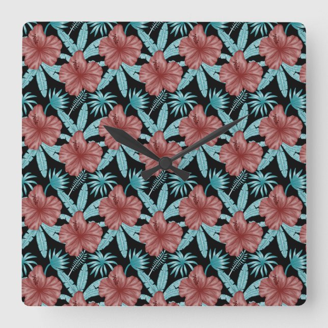 Reloj Cuadrado Red flowers tropical seamless pattern &blue leaves (Anverso)