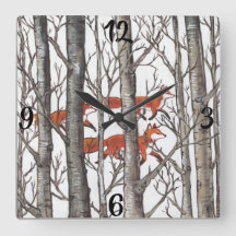 Red Fox Foxes Gris Winter Forest Woodland Clock