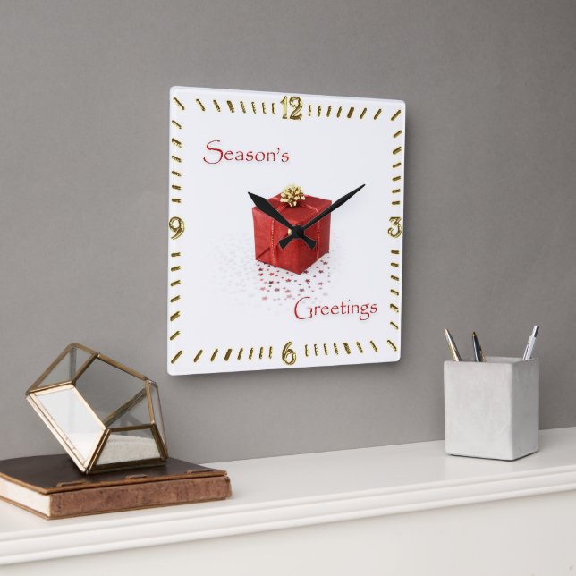 Reloj Cuadrado Red Gift Box Season's Greetings Clock (Oficina)